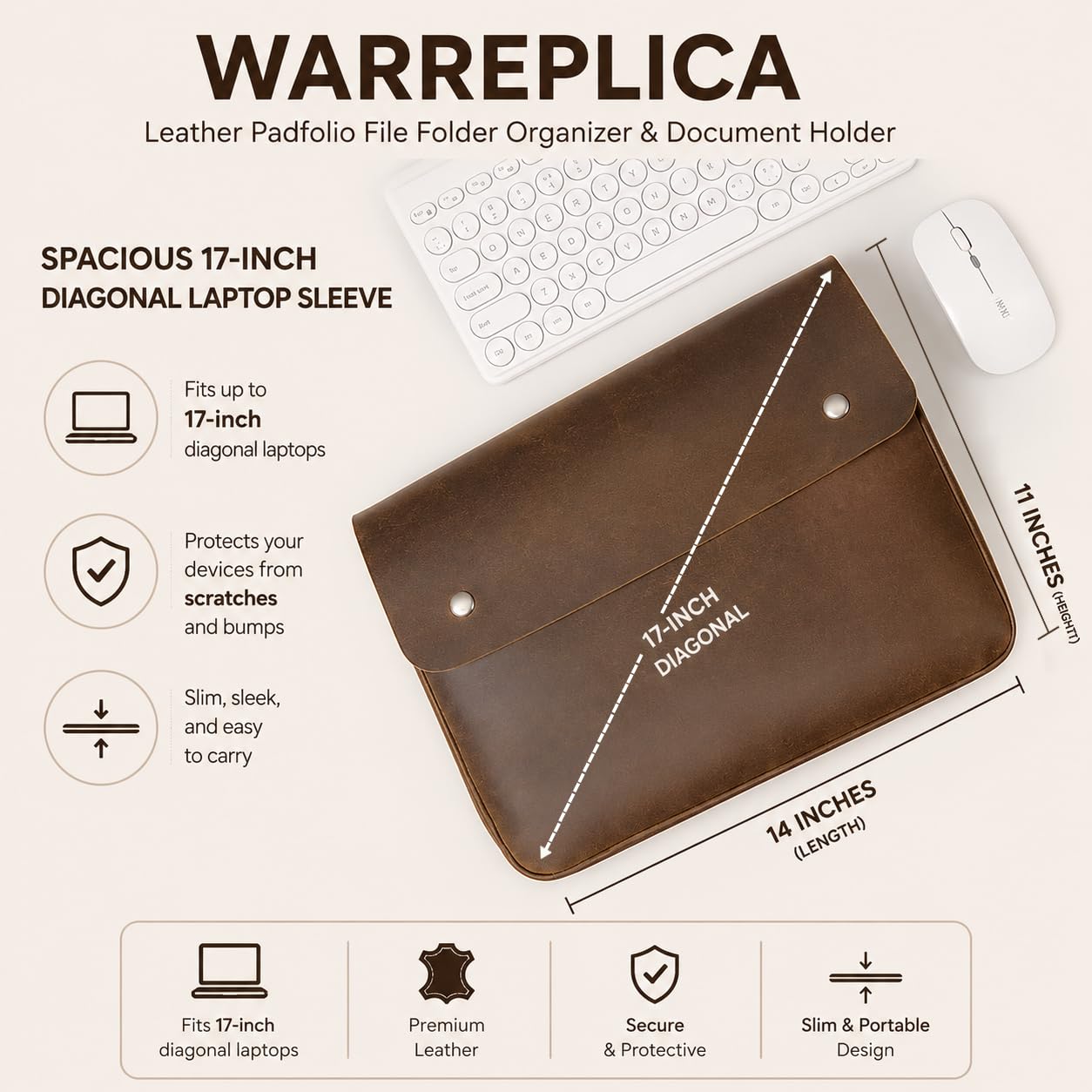 Warreplica Leder-Padfolio, Aktenordner & Dokumentenmappe | Geräumige Leder-Laptoptasche für 13-, 14- und 15-Zoll-Laptops, Tablets & MacBooks | A5-Ordner, Umschlag, Portfolio & Dokumentenhülle