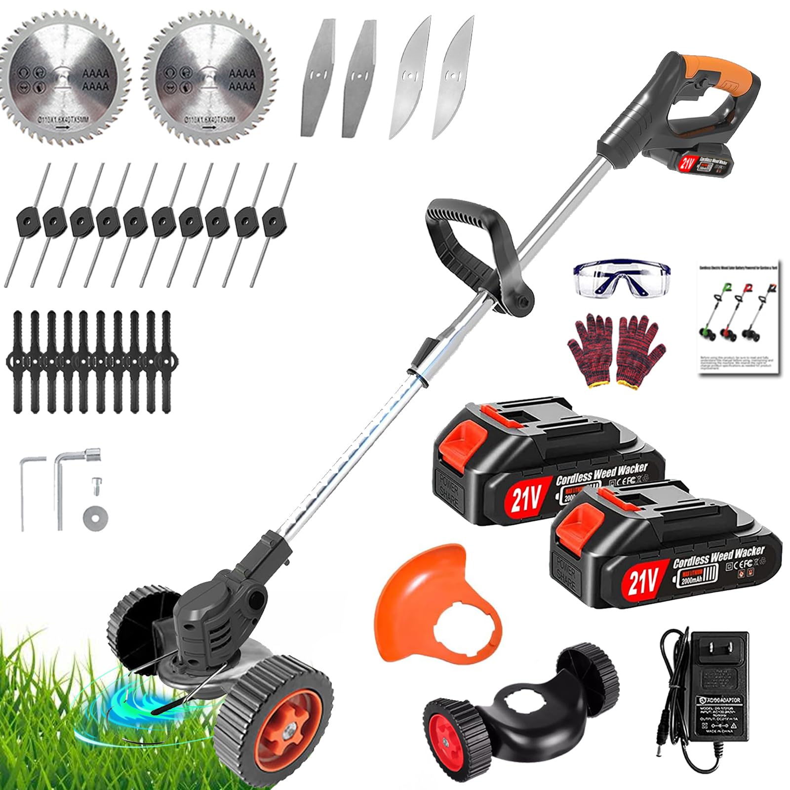 ( incomplete missing piece)Electric Weed Wacker Weed Cordless Eater Battery Powered, 21V/2.0Ah Lightweight String Trimmer with 2 Battery&26 Pcs Blades, 3 in 1 Portable Grass Trimmer/Edger Lawn Tool/Brush Cutter