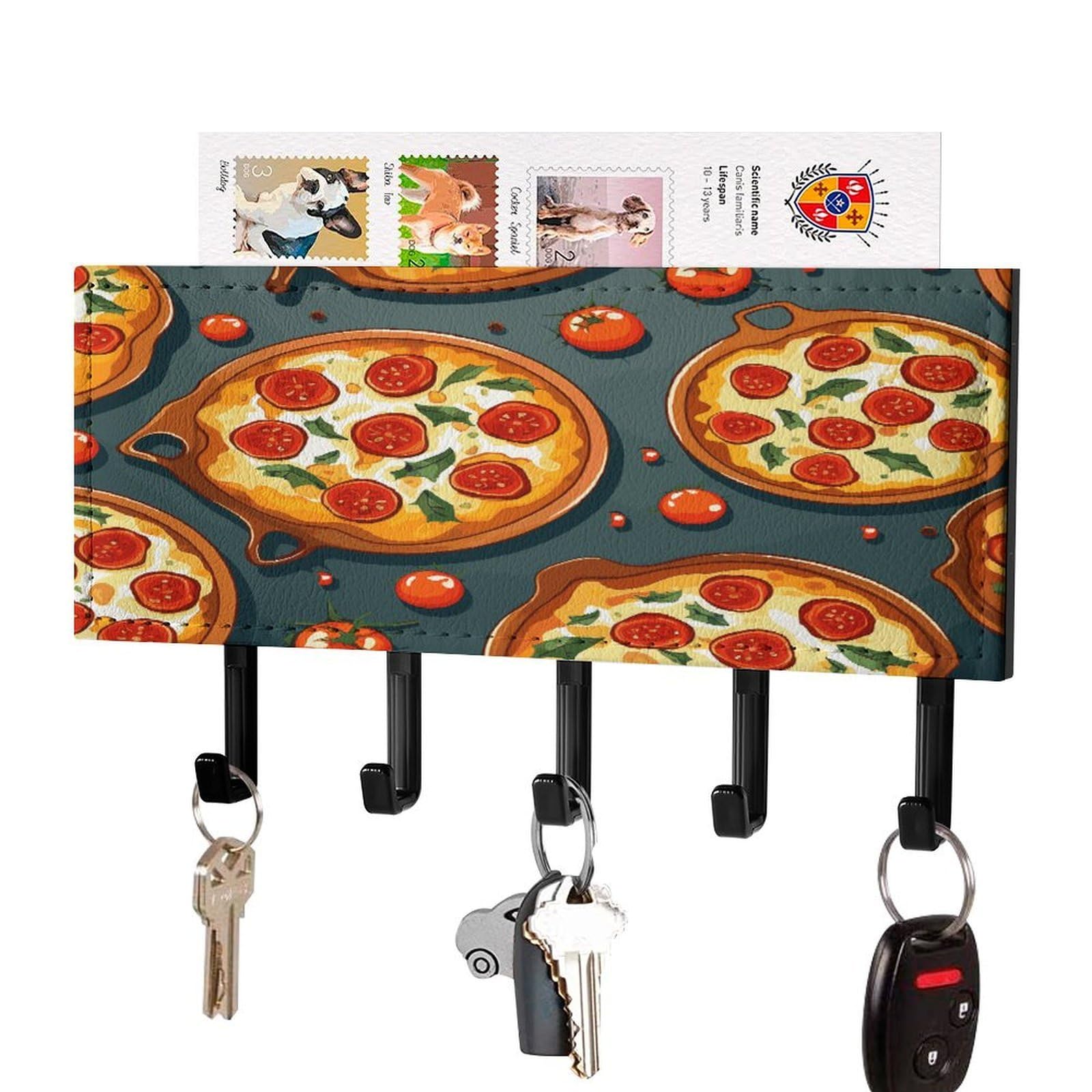 FekiLoot Pizza Food Key Holder for Wall Decorative Mail Organizer with 5 Key Hook Self Adhesive Key Rack with Tray Coat Rack Wall Mount Key Hanger Decor for Entryway Door