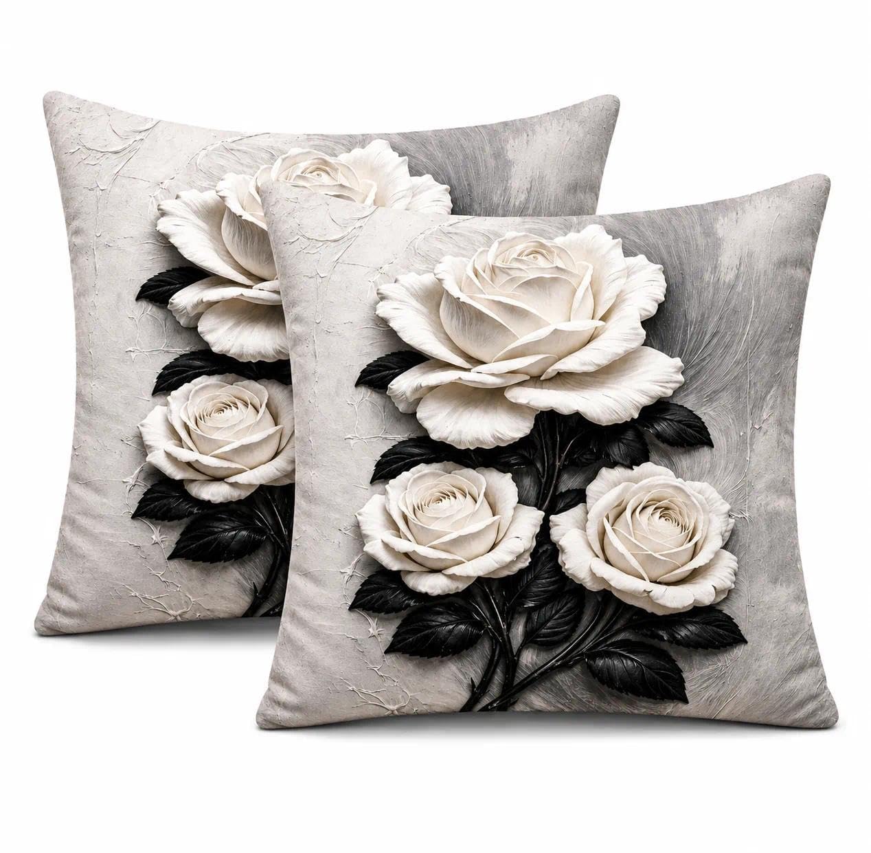 Gemdoit Cushion Covers 45 x 45 – Pack of 2 Decorative White Rose Print Sofa Covers with Invisible Zipper, Soft and Breathable Fabric for Living Room, 18 x 18 Inch