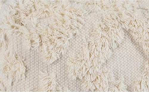 Miniatura 4 de Benjara - Puf de algodón de 24 pulgadas, tejido a mano, textura geométrica, color blanco roto