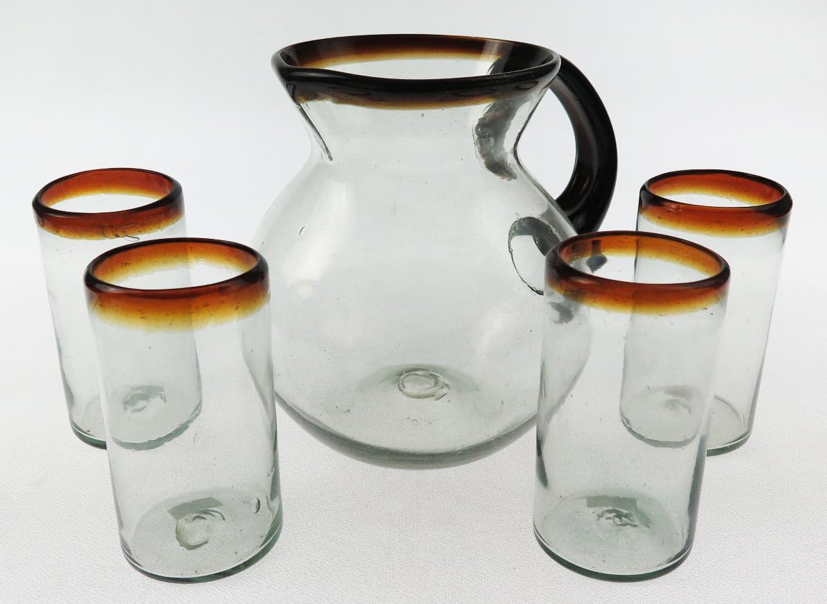 Mexican Glasses & Pitcher Set, Amber Rim, Hand Blown, 16 oz (Set of 4) Pitcher 8 cups