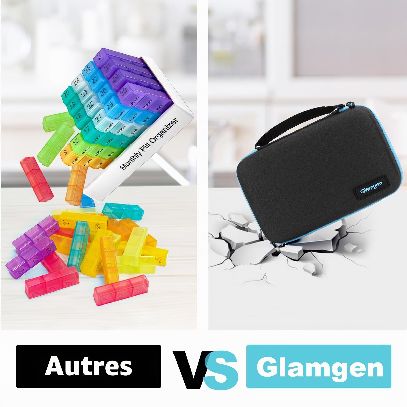 Pilulier mensuel 3 fois par jour avec étui de voyage portable, 32 compartiments quotidiens pour vitamines, suppléments et médicaments