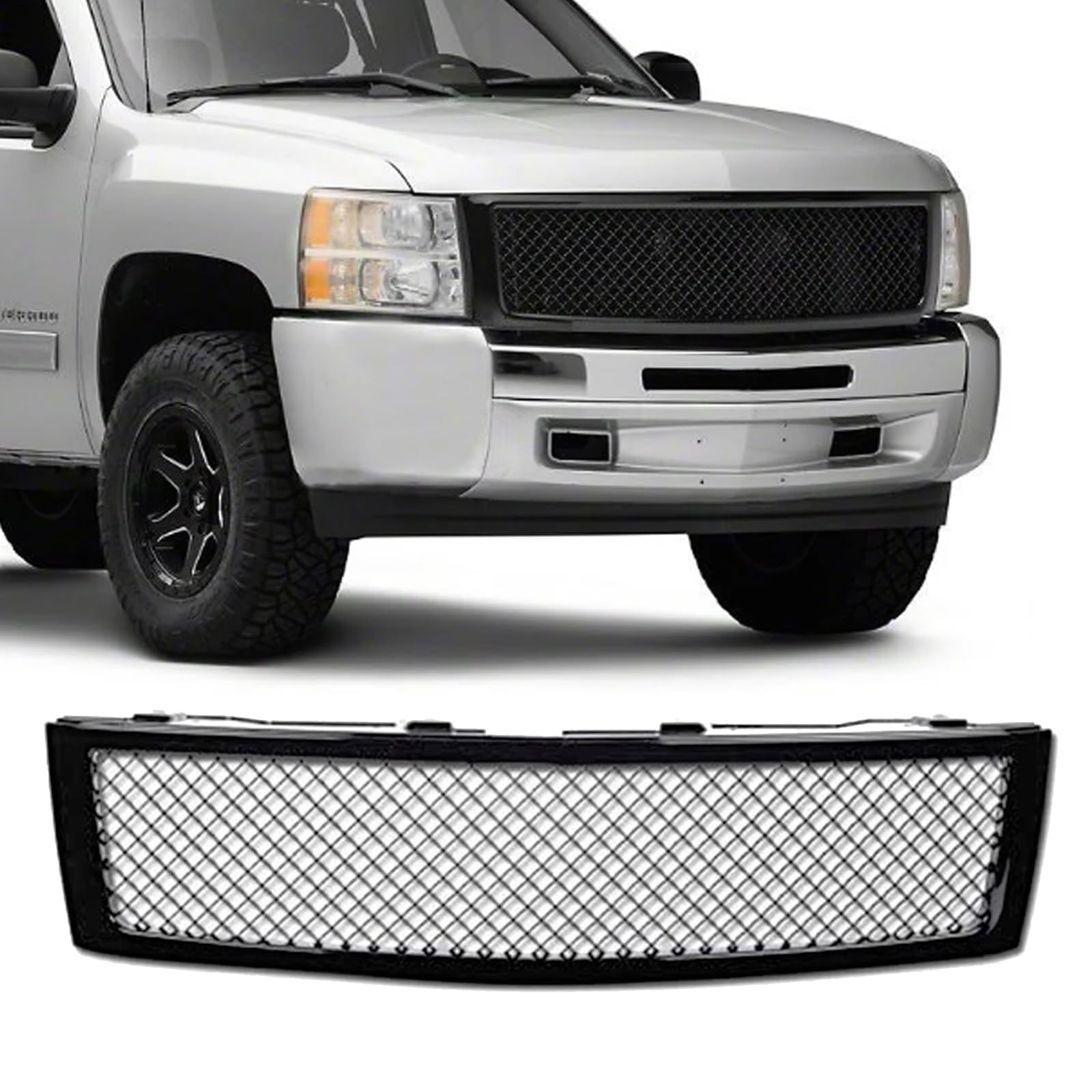 Front Bumper Grille Compatible with 2007 2008 2009 2010 2011 2012 2013 Chevy Silverado 1500, Replacement Grill Honeycomb Mesh Style (Glossy Black)