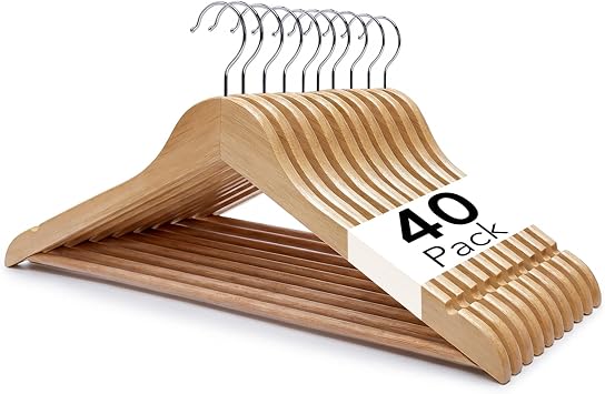 Straame Brown Wooden Coat Hangers 40 Pack, 44cm, Swivel Hooks, Trouser Bars