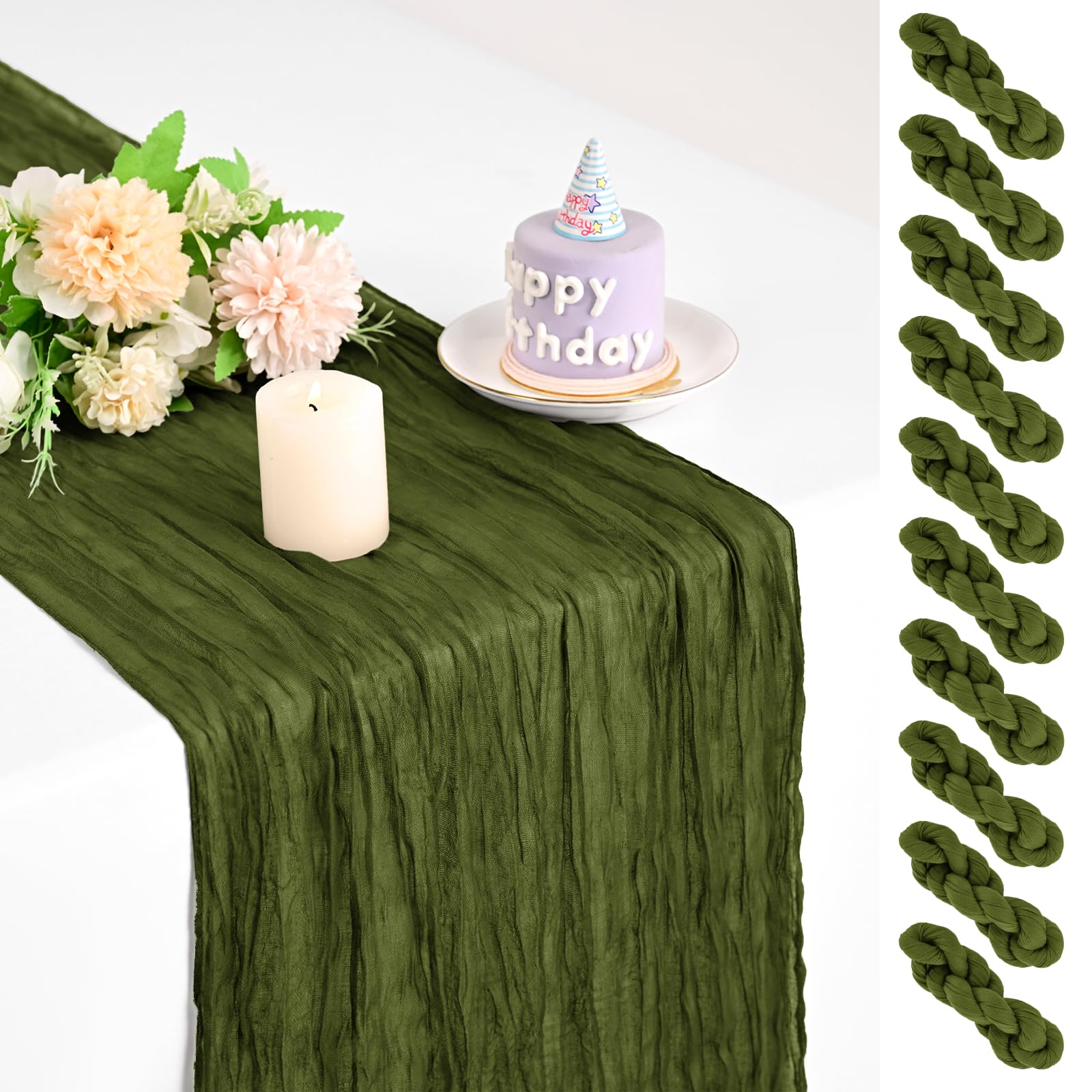 Teruntrue 10 Pack Olive Green Cheesecloth Table Runner 17x108 Inch, Boho Gauze Sheer Fabric Cheese Cloth Table Runners for Wedding Party Bridal Shower Birthday Home Decor Garden Farmhouse