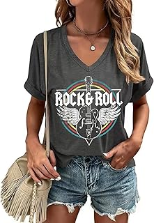 Women Rock Band T-Shirts Vintage Rock and Roll Country Music Shirt Funny Concert Outfit V-Neck Vacation Tops