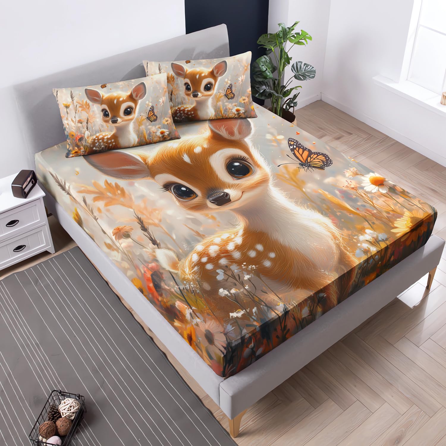 Cute Deer Fitted Sheet for Girls Boys Kids Room Decor,Flowers Butterfly Pattern Bedding Sets Twin Size,Rustic Hunting Themed Bedding,1 Fitted Sheet+2 Pillowcases.