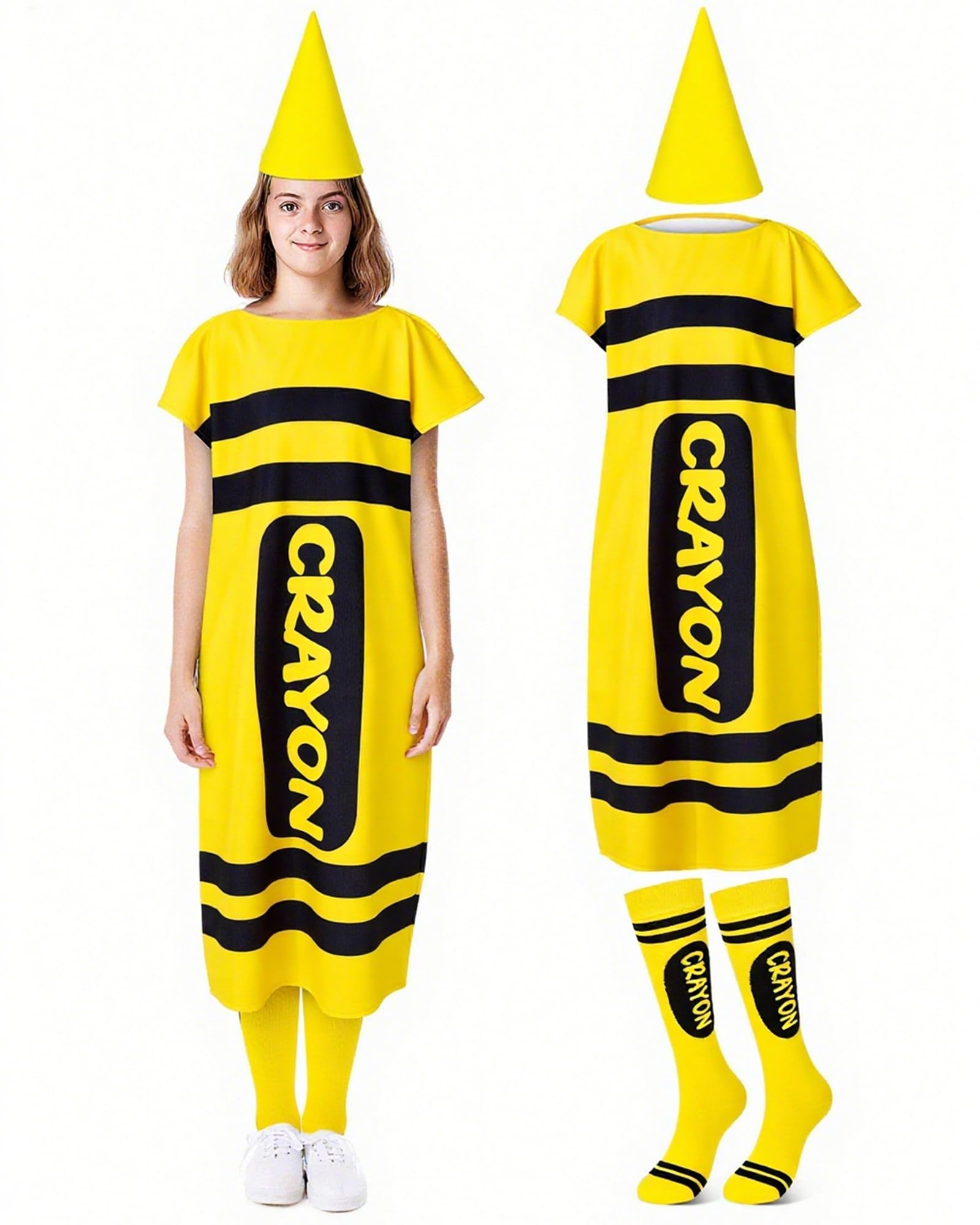 Mepase 4 Pcs Halloween Crayon Costume for Adults, Halloween Crayon Fancy Dress Cone Dwarf Cap Stockings for Cosplay(Yellow,Medium)