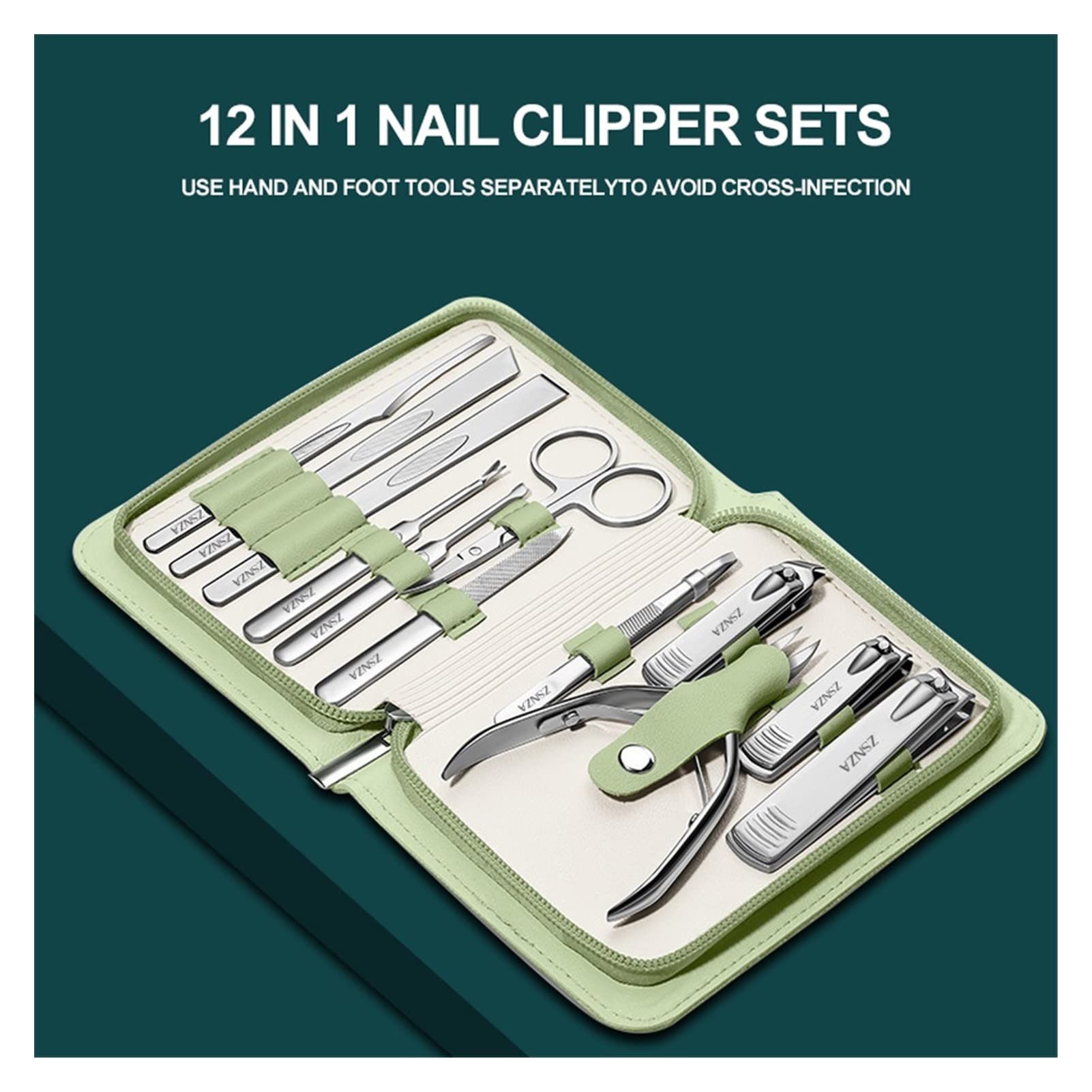 Conjunto de manicura Acero Inoxidable Clippers de uñas Kit de Viaje Pedicura Alicates Ped Personal Nail Trimmer Ingrown Nail Pickers Care Herramienta de Cuidado (Color : Green)