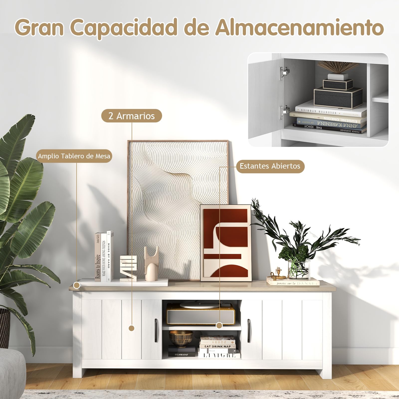 GYMAX Mueble TV de hasta 65 Pulgadas, Mesa Television de Madera con 2 Armarios y Estantes Abiertos, Mueble Bajo TV con Puertas para Salón y Dormitorio, 145 x 40 x 50 cm(Blanco+Marrón)