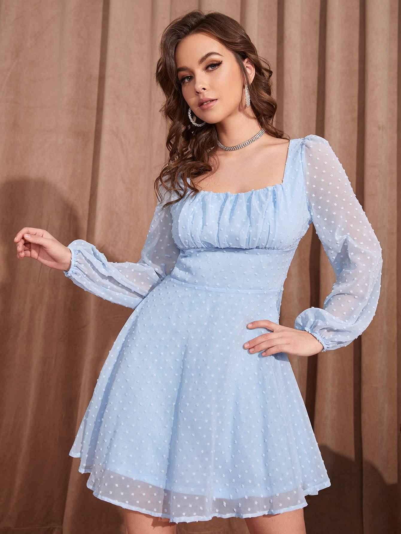Amazon.com: Women's Dresses Ruched Bust Lantern Sleeve Swiss Dot
