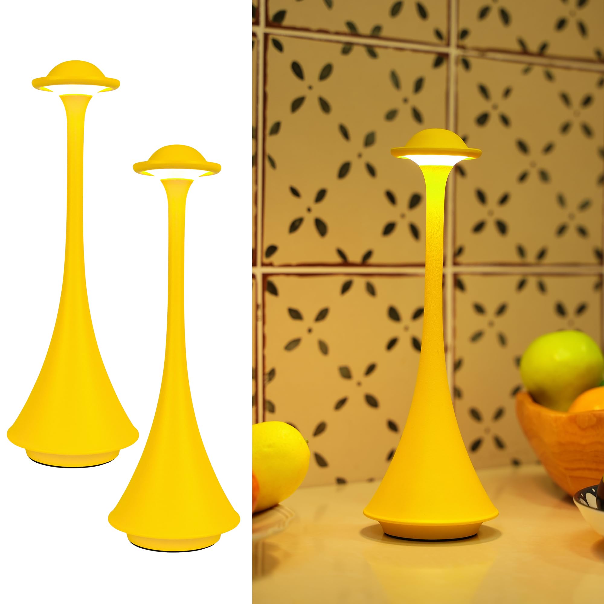LuminexDesigns 2-Pack Futuristic Cordless LED Table Lamp Rechargeable–Minimalist Mustard Yellow Metal Design,Touch Dimmable Bedside Lamp for Living Room,Dining Table & Cozy Ambient Lighting