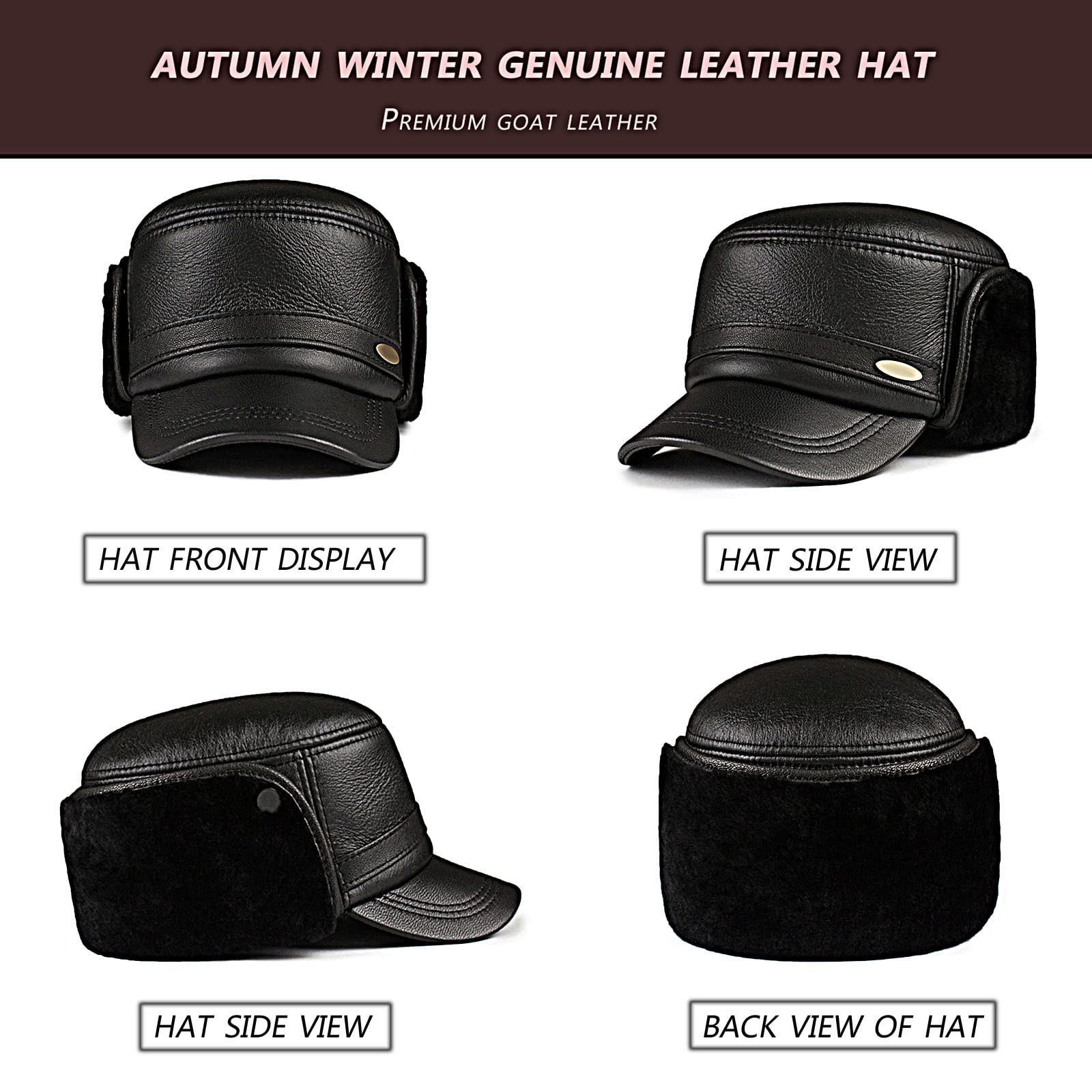 Czapki zimowe dla mężczyzn, czapka trapera ciepłe zimowe skórzane czapki czapka myśliwska z nausznikami, prezent dla taty chłopaka Unisex,Black,L(55~56cm)
