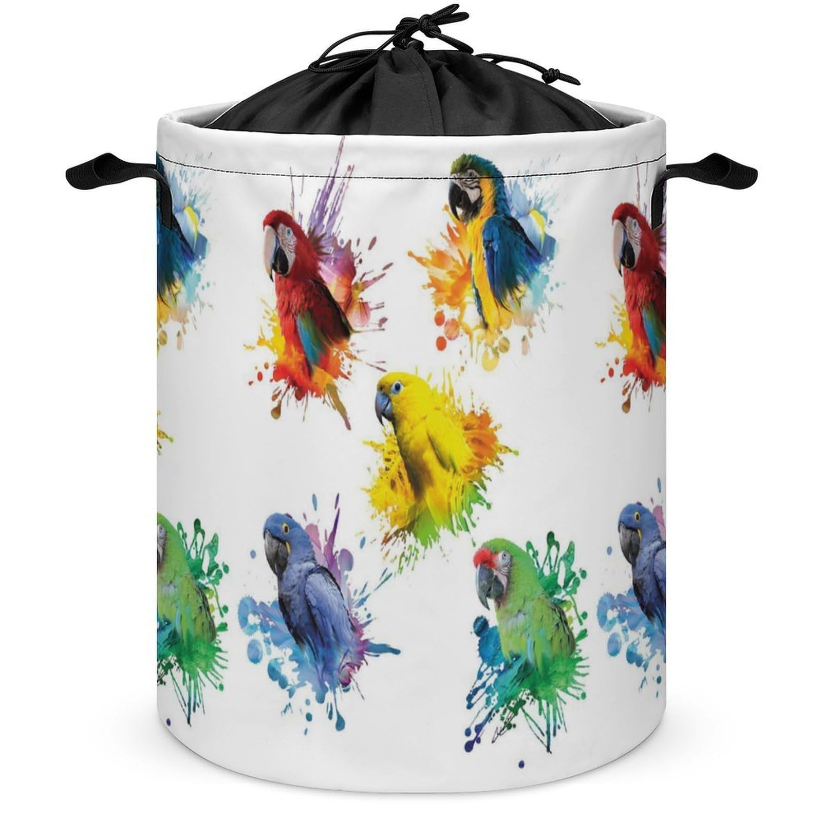 Wlntrophic Drawstring Laundry Hamper, 3D Watercolor Parrot Laundry Basket, Washing Basket with Handle