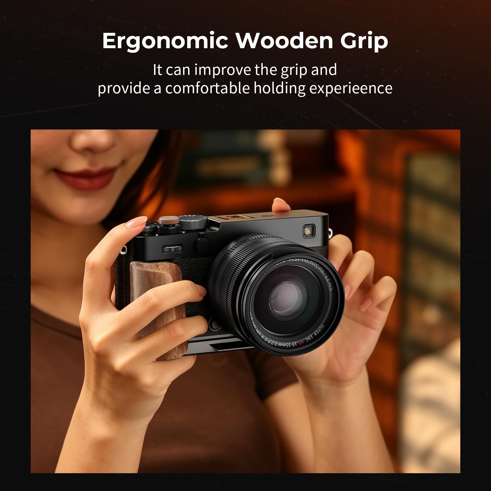 SMALLRIG Płyta montażowa w kształcie litery L z drewnianym uchwytem do FUJIFILM X-E5 (czarna) 5985