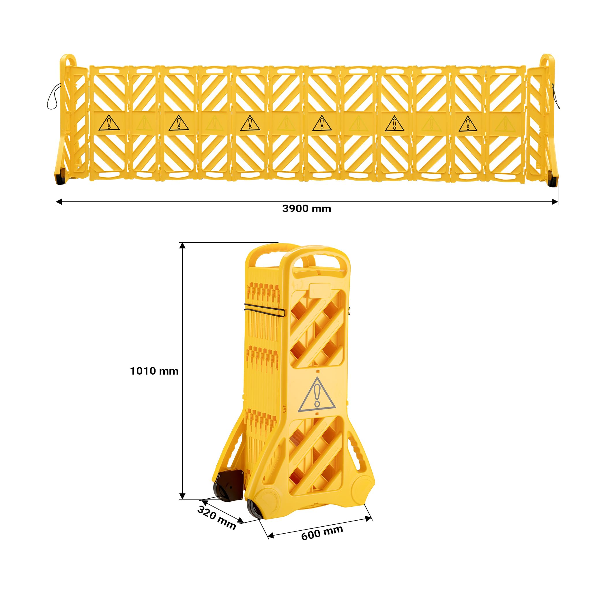 Wiltec mobile Absperrung aus Kunststoff faltbar 60 x 32 x 101 cm, Mobilzaun ausziehbar bis 3,9 m mit Rollen, Absperrzaun aus robustem Material