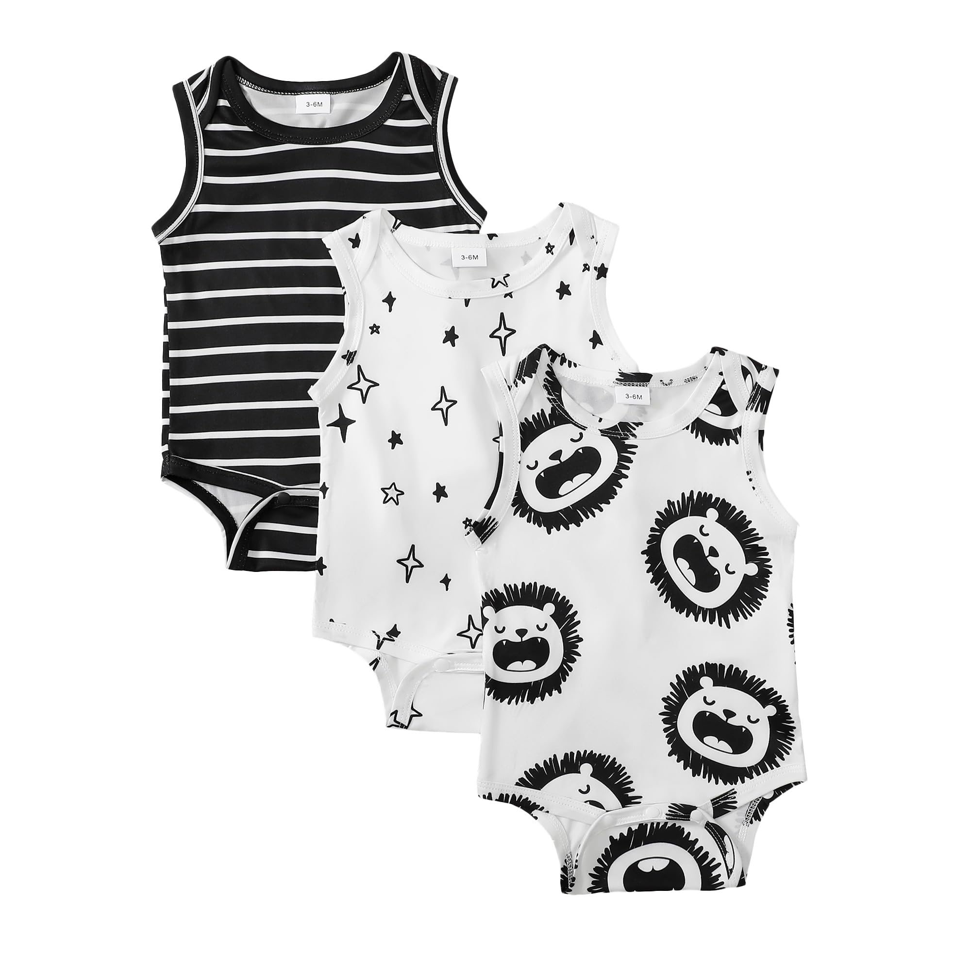 CVXV Unisex Baby Jumpsuit 3 Pcs Sleeveless Funny Prints One-Piece Organic Cotton Bodysuit,Black Stripe,0-3 Months