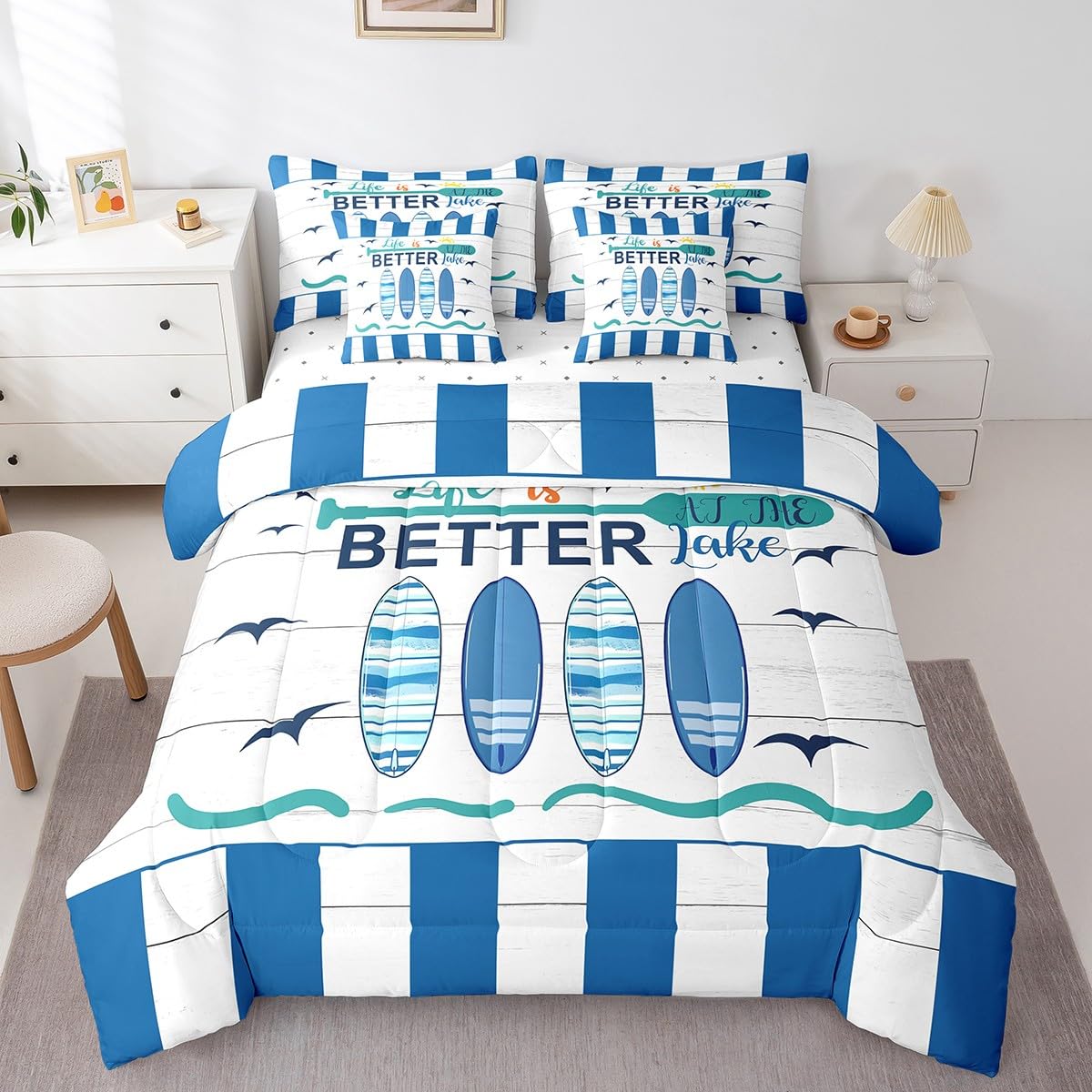 Erosebridal Nautical Comforter Set for Kids Boys Girls,Blue White Ocean Bedding Sets Twin,Hawaii Surfboard Bed in A Bag,Rustic Lake House Paddle