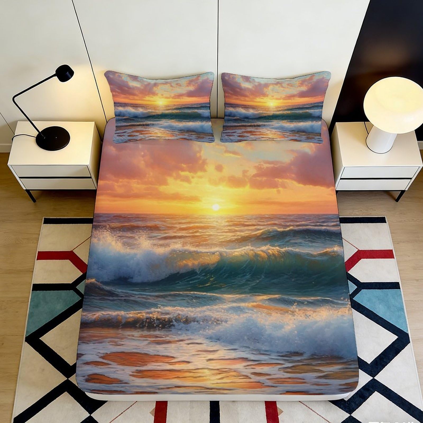 3D Printed Ocean Sunset Fitted Sheet Microfiber Soft Breathable Wave Mattress Cover for Bedroom Guest Room Decor 90x200x25cm