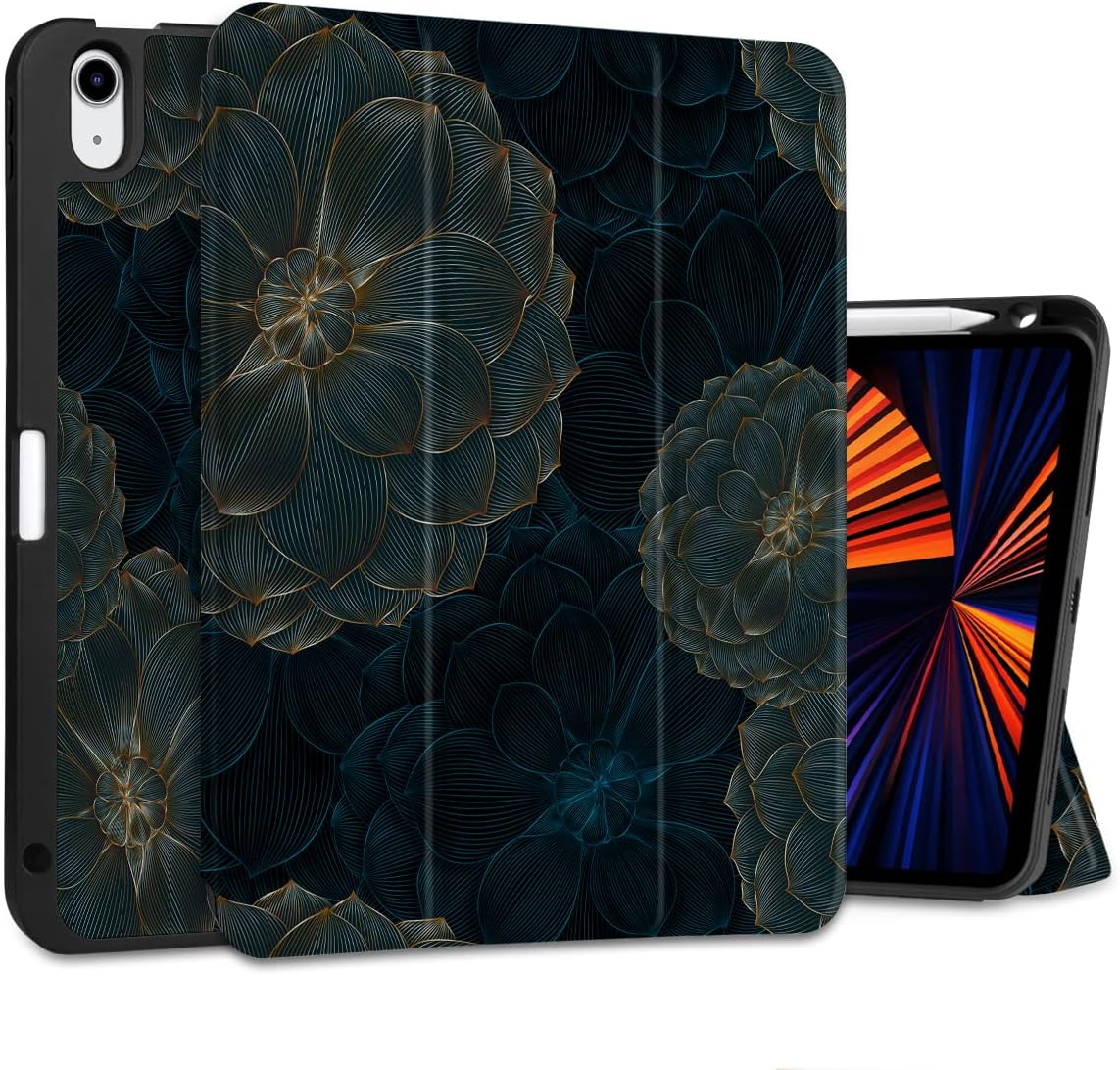 TWOLSKOO for iPad Air 11 Inch 2024 / iPad Air 5th Gen Case 2022/ iPad Air case 4th Gen 2020 10.9 Inch with Pencil Holder, Auto Sleep/Wake, Trifold Stand, Soft TPU Back Cover, Golden Flowers