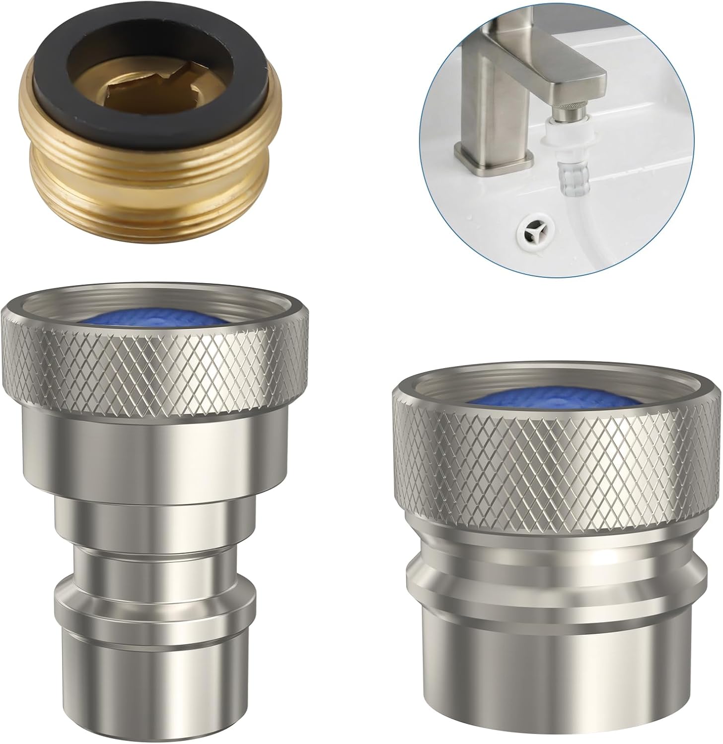 2 Pcs Portable Dishwasher Faucet Adapter, Metal Sink Faucet Aerator Adapter for Dishwasher, 55/64-27 Female and 15/16-27 Male Thread for Kitchen/Bathroom/Rvs, Easy to Install, Brushed Nickel