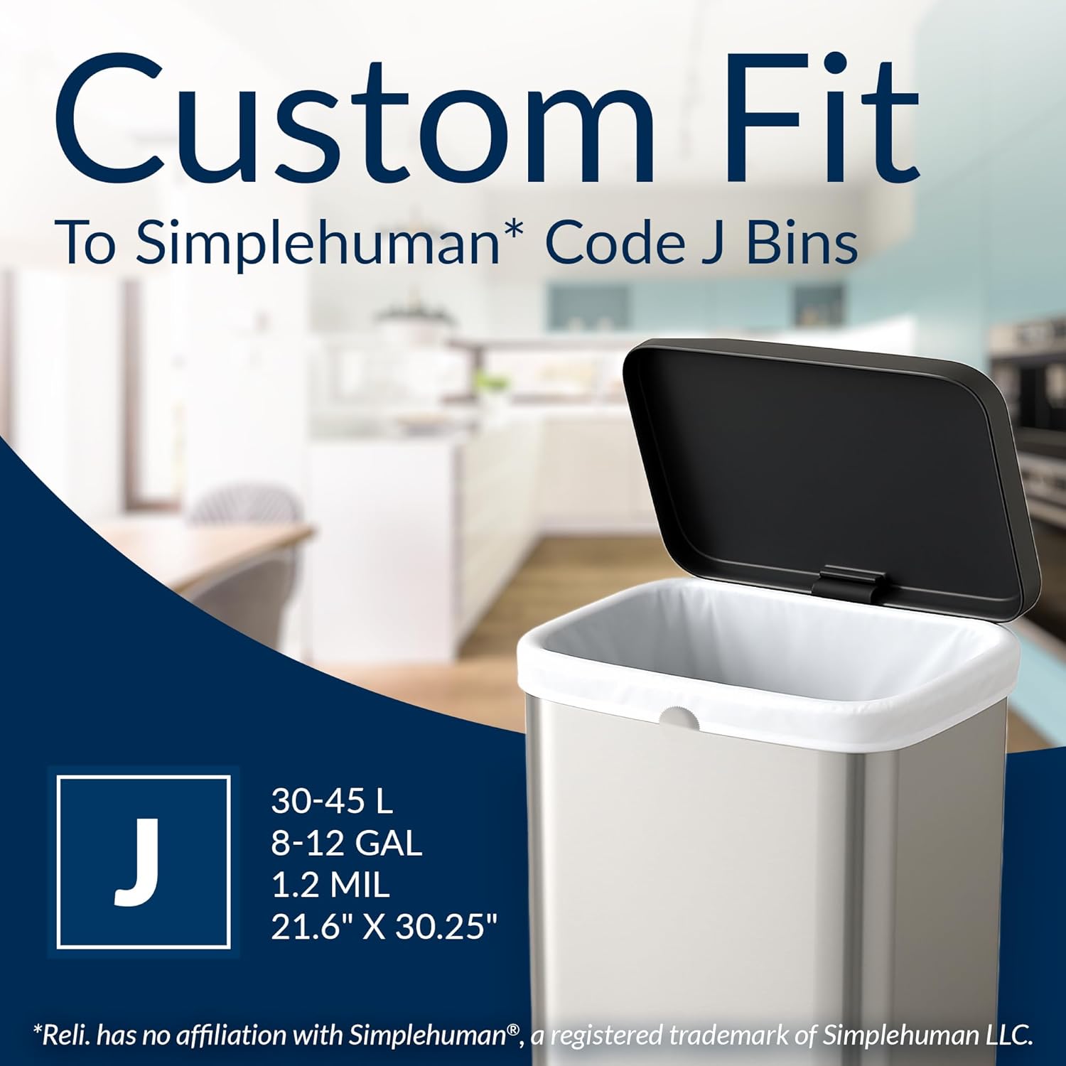 Reli. SuperFit Code J (225 Count) | Compatible with Simplehuman Code J | Custom Fit Liners | Drawstring Trash Bags | 30-45 Liter / 8-12 Gallon | White | Roll Pack