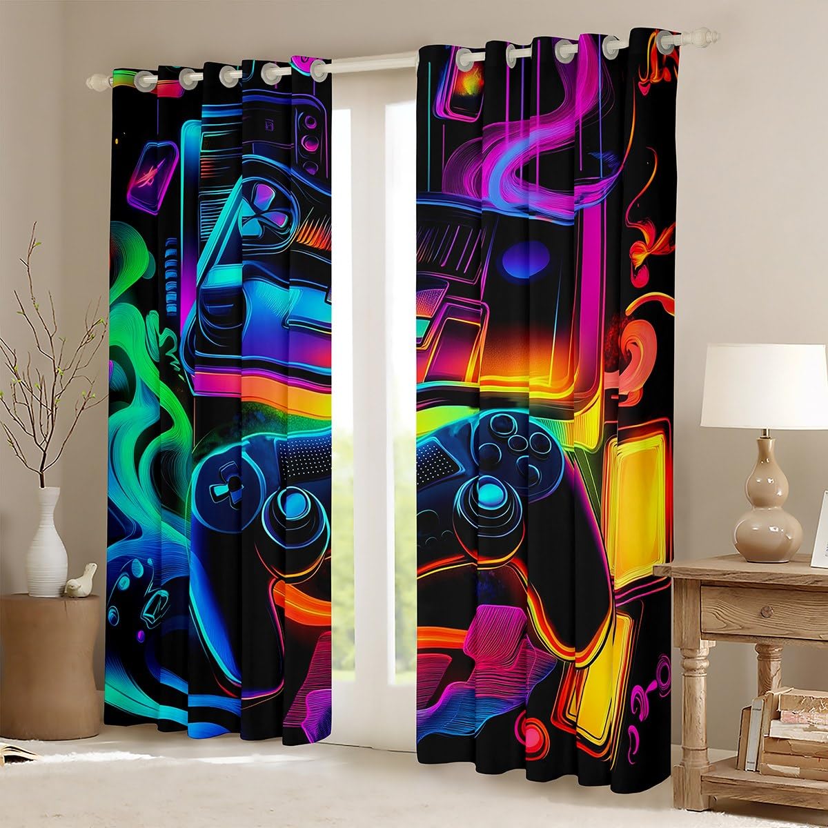 Homewish Rideau Occultant 140x245 cm Console de Jeu, Rideau Gamepad pour Garçons, Rideaux Voilage Jeux Vidéo pour Adolescents, Voilage Fenetre Contrôleur de Jeu pour Chambre Salon