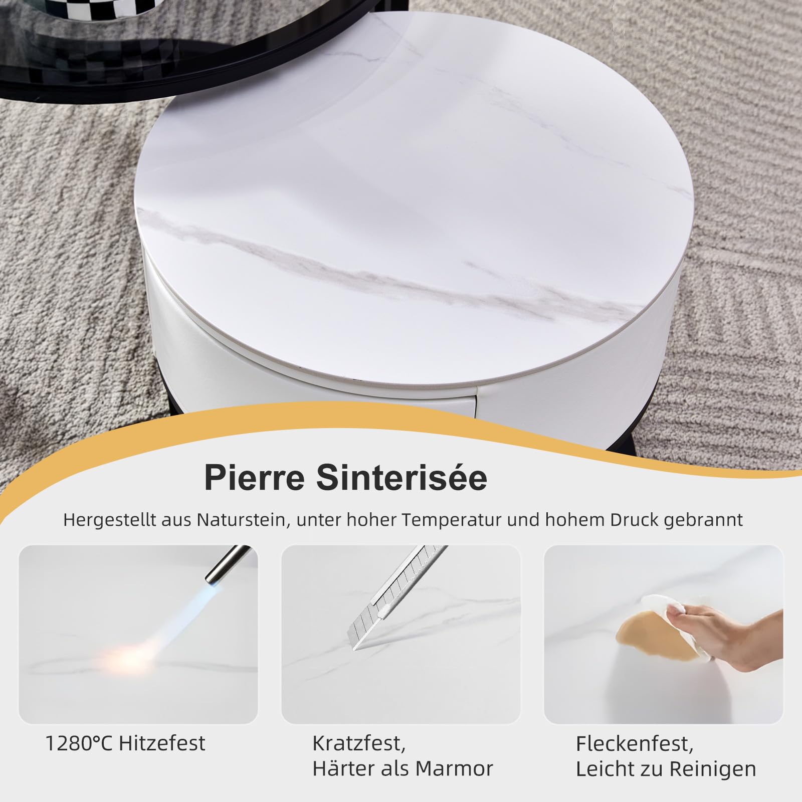 SHARPDO Couchtisch 2er Set Rund, Steinplatte mit Schublade in Lederoptik, Gehärtetes Glas mit Metallrahmen, Moderner Wohnzimmertisch Weiß, Ø60cm Ø45cm