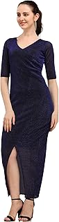 Sheetal Associates Women's Elegant Shiny Glitte Short Sleeve V Neck Ruched Bodycon Party Maxi Dress