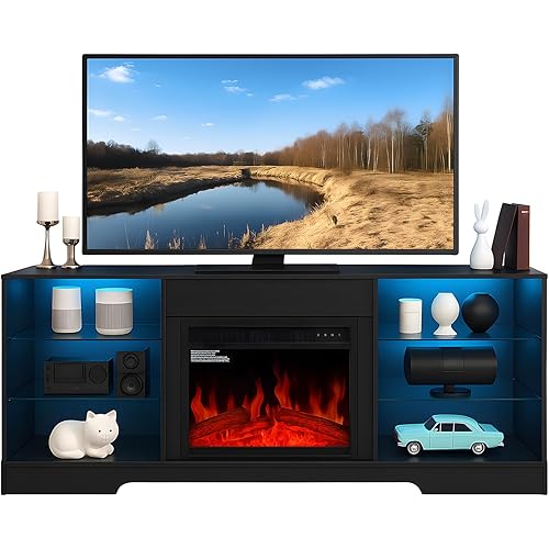 Fireplace TV Stand with LED Lights,Modern TV Console for 43" 50" 55" 60" 65" Televisions,Entertainment Center with Electric Fireplace for Living Room Bedroom (Black)