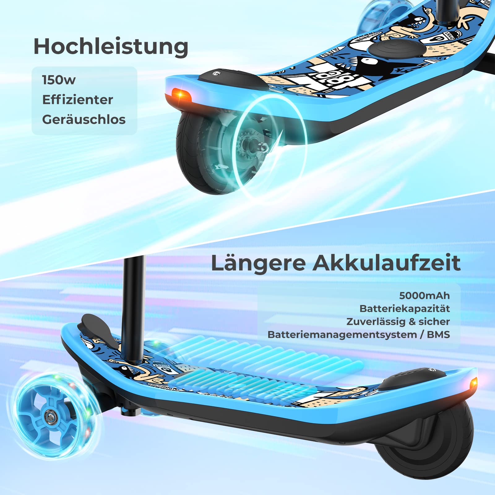 iScooter E Scooter Kinder von 3-8 Jahren,2 in 1 E Roller für Kinder mit 12V 5Ah Batterie und Farblichtereffekt, Elektro Roller mit 5 Zoll Rädern, KinderRoller mit Reichweite bis 10 km,Max 50 kg