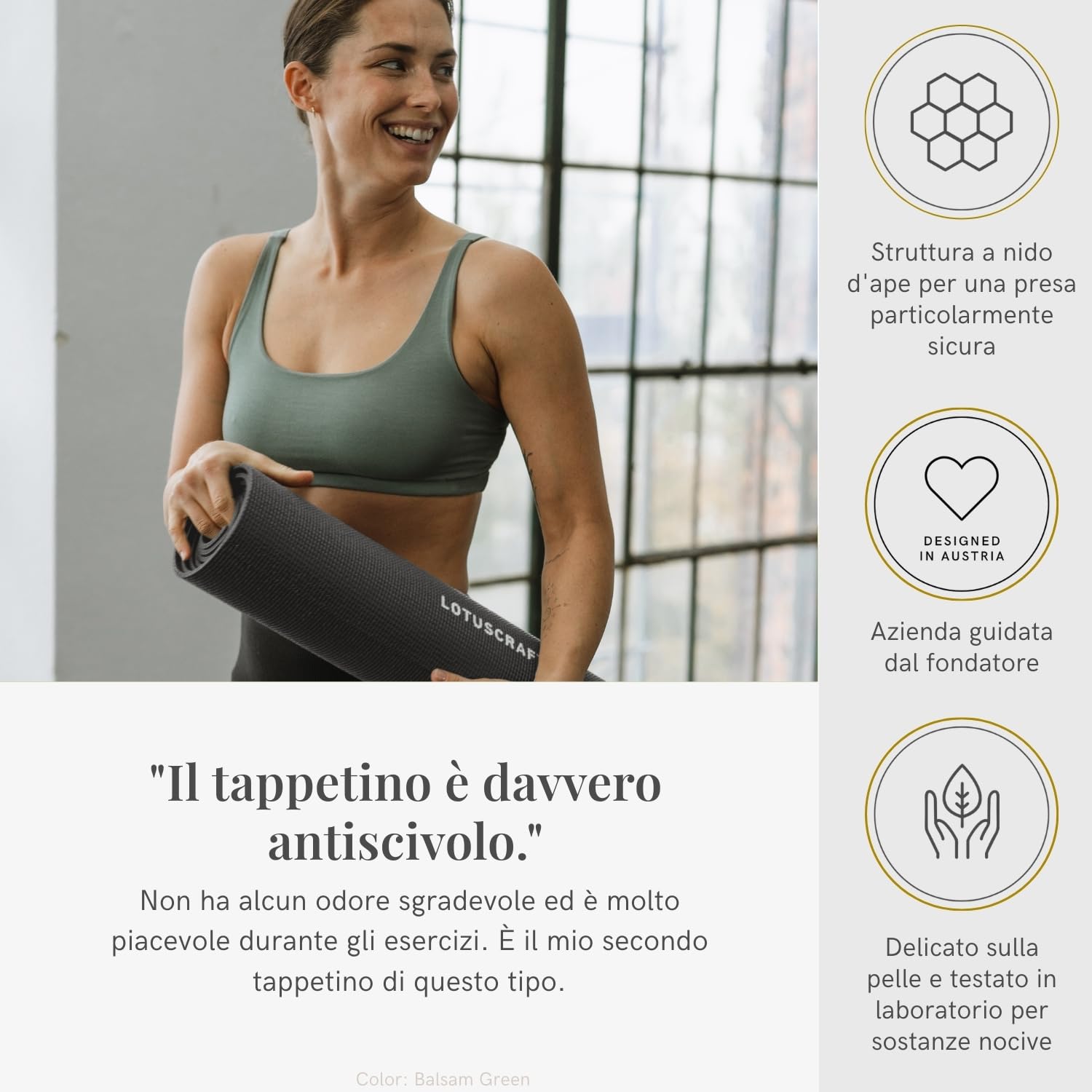 LOTUSCRAFTS Tappetino yoga antiscivolo, modello Mudra Studio, standard o XL, certificato OEKO TEX®, perfetto tappetino yogas versatile per yoga o pilates