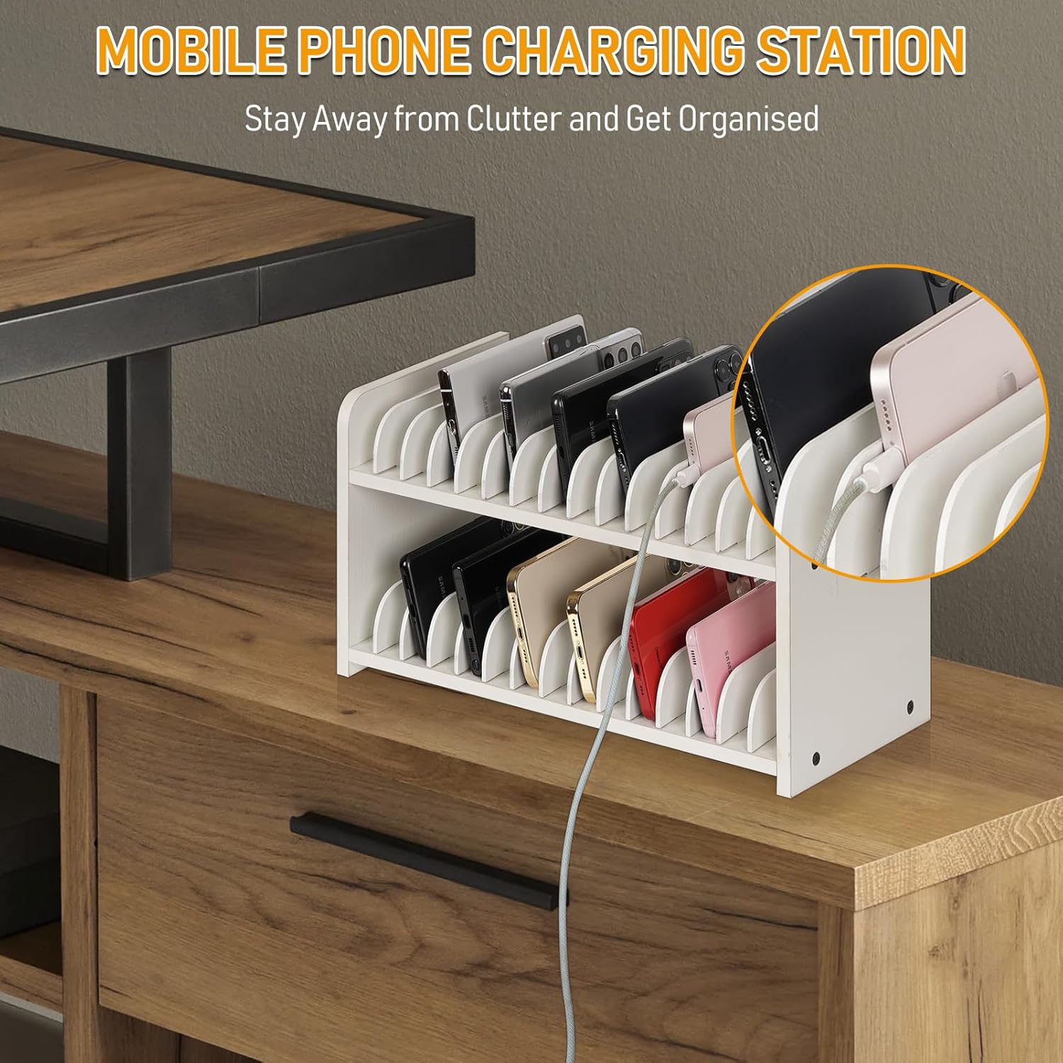 Cell Phone Storage Classroom Cell Phone Holder Adjustable Wooden Multiple Rack Caddy Organizer Box for Classroom Office Desktop with 1-30 Number Stickers (30-Grid) (White)
