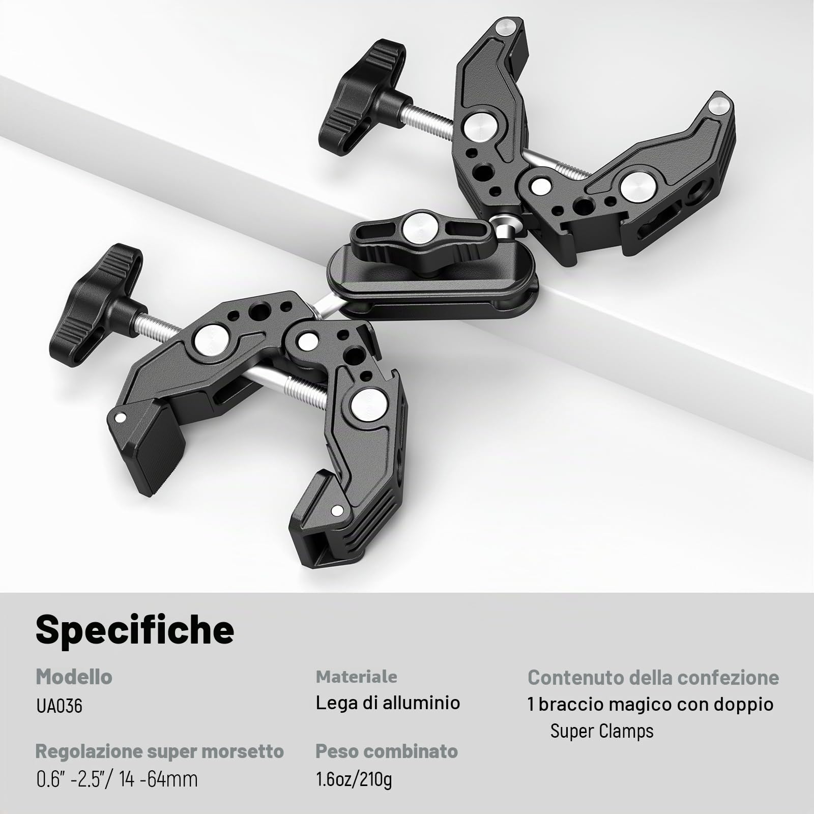 NEEWER Doppia Super Clamp Supporto per Fotocamera, Braccio Magico a 2 Teste Sferiche, Slitte Fredde, Supporto per Action Camera/Luce LED per Aste da Scrivania Compatibile con SmallRig GoPro DJI,UA036
