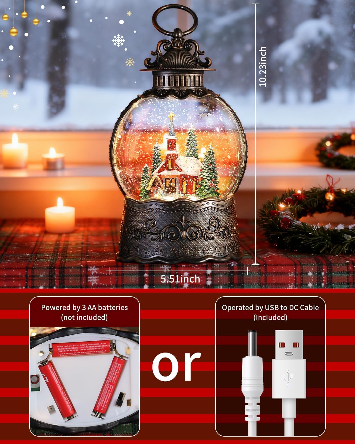 Christmas Church Nativity Scene Snow Globe Lantern for Christmas Decorations, with Music and Lighting Features,USB or Battery Operated - Image 4