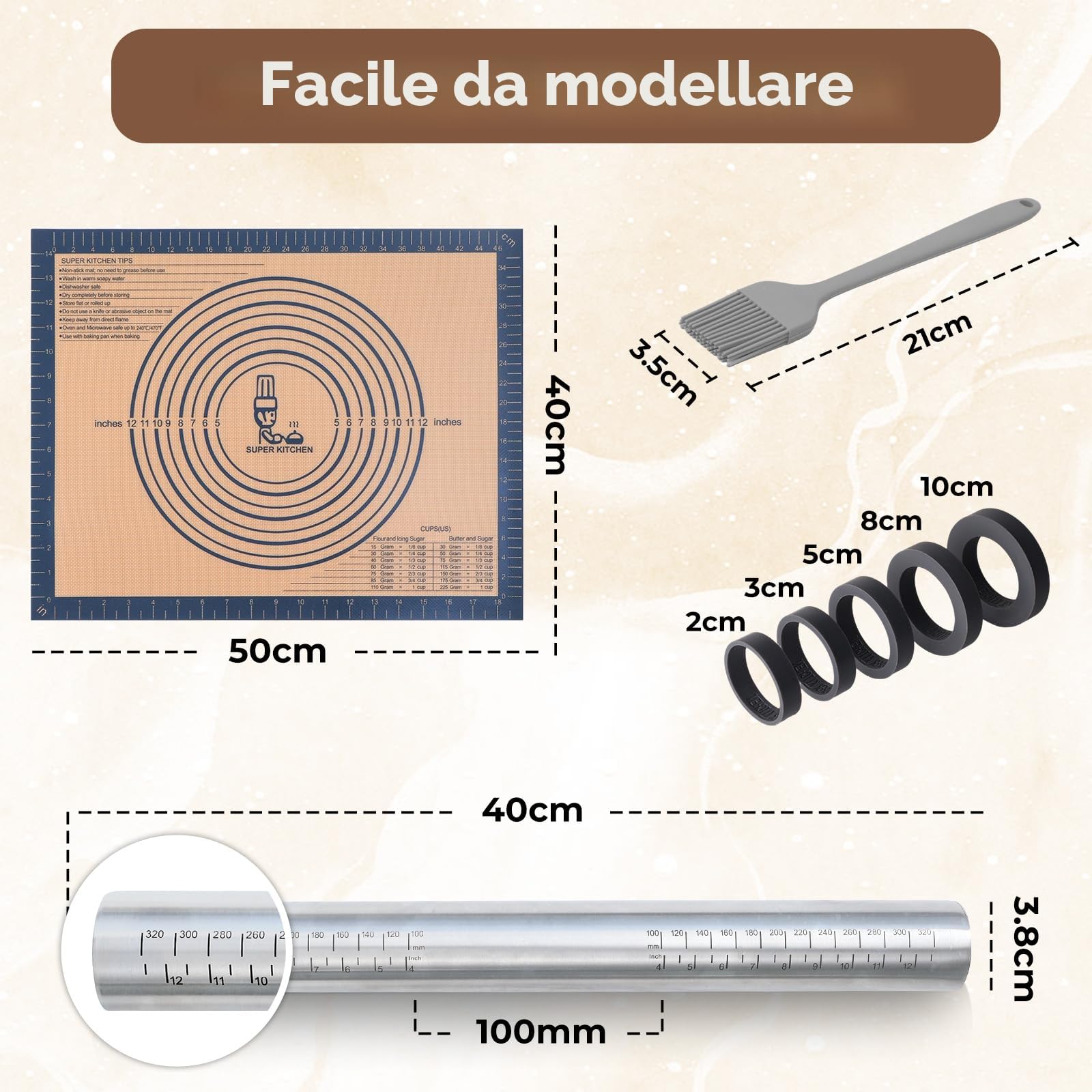 SUPER KITCHEN Mattarello in Acciaio Inox Con 5 Dischi Regolabili Anello, Stuoia di Rolling della Pasticceria del Silicone 50x40cm Antiaderente Tappetino da Forno spianatoia per impastare (Grigio)