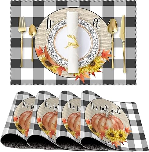 Stylish Table Place Mats It's Fall Y'all Buffalo Plaid Pumpkin Dinner Placemats Reversible Non-Slip Kitchen Table Placemats Set for Patio