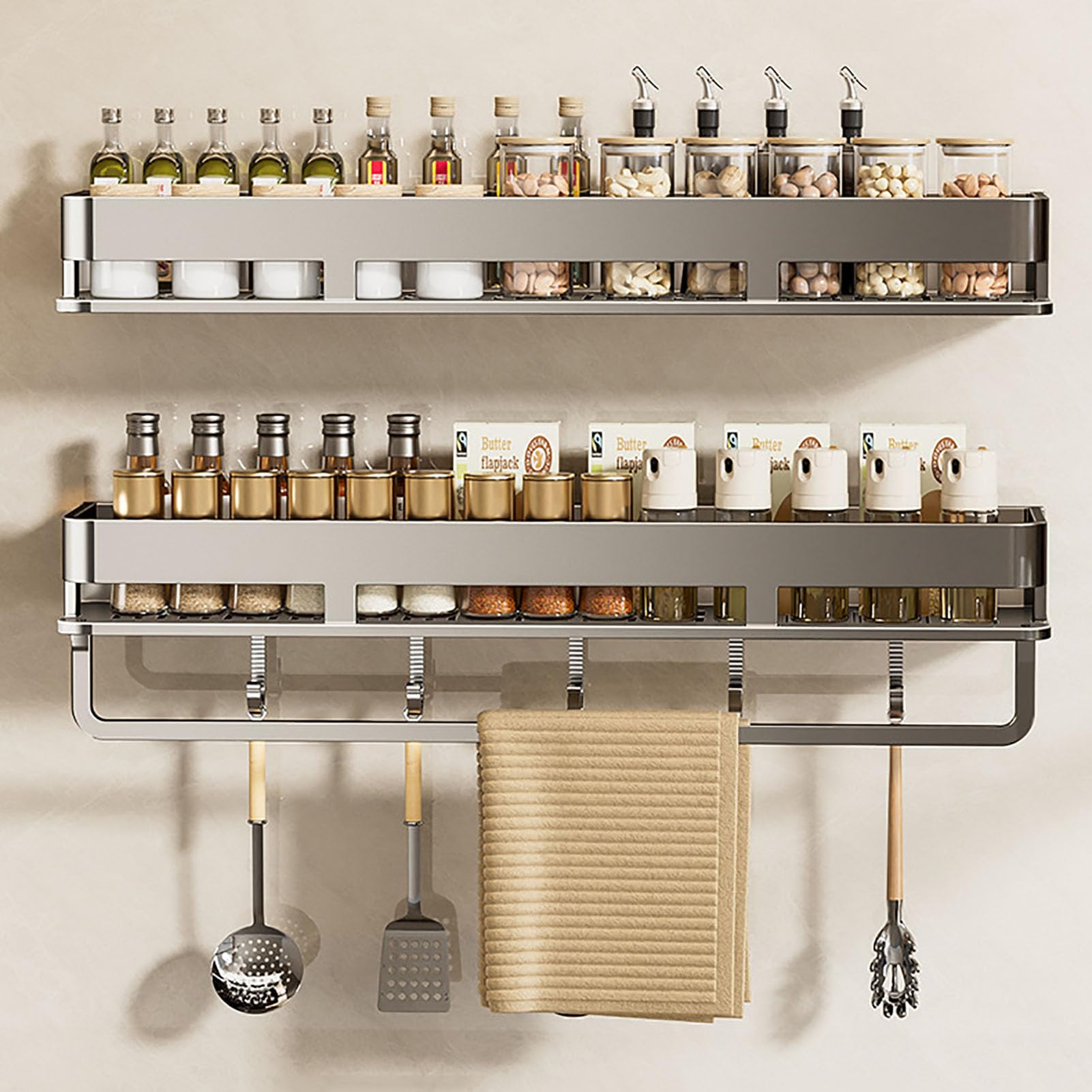 Organizador de Especias 2 Piezas con Base de Malla - Estante para Pared Sin Taladrar para Accesorios de Cocina, Armario o Baño Metal Resistente al Óxido,Blanca,50cm