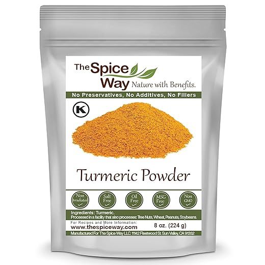 The Spice Way Turmeric Powder - (8 oz) powdered ground tumeric root (curcuma) - Great turmeric root fresh for curries, soups, teas, masala, and golden milk or tumeric powder for skin