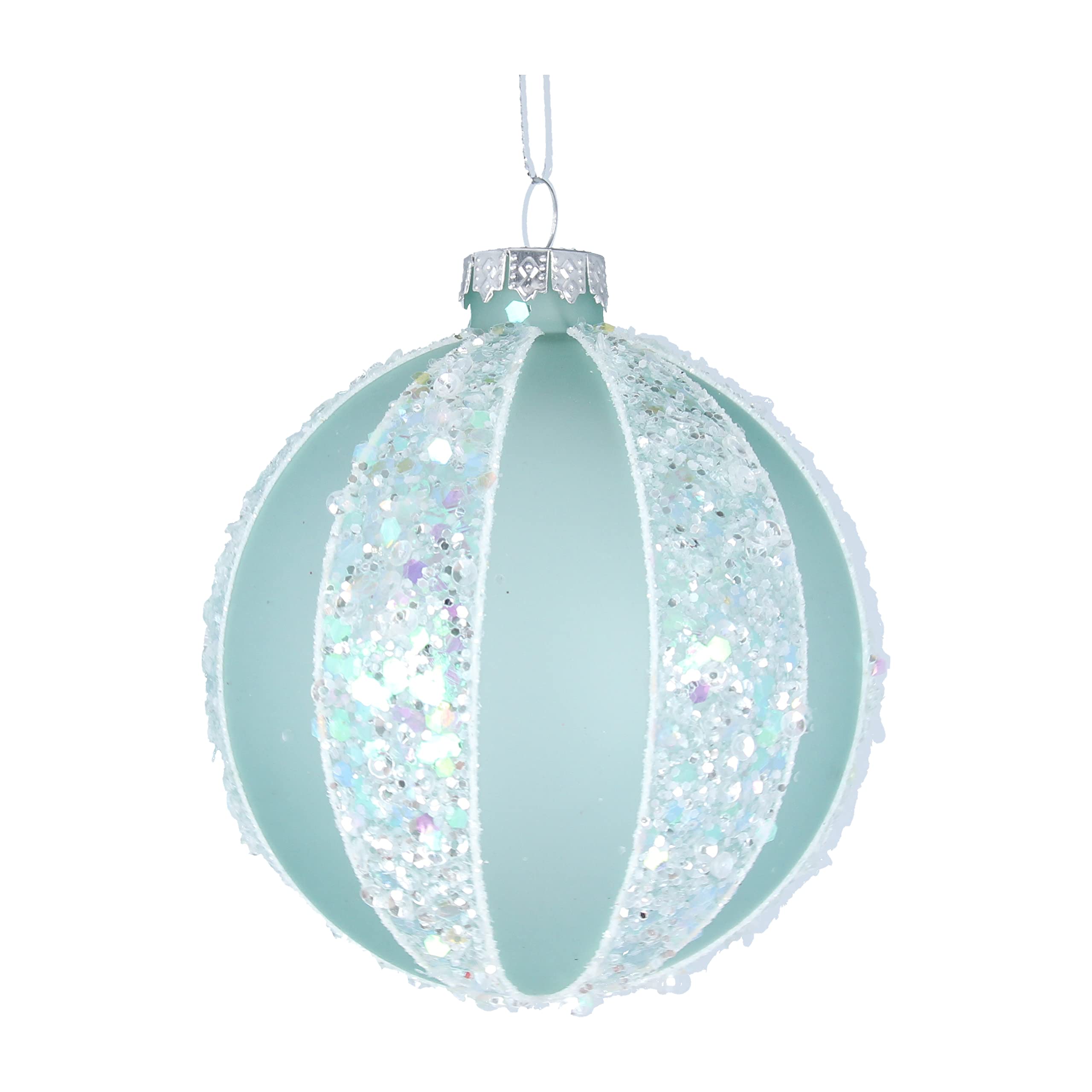 Gisela Graham Duck Egg Green Opaque Iridescent Glitter Ribbed Glass Bauble