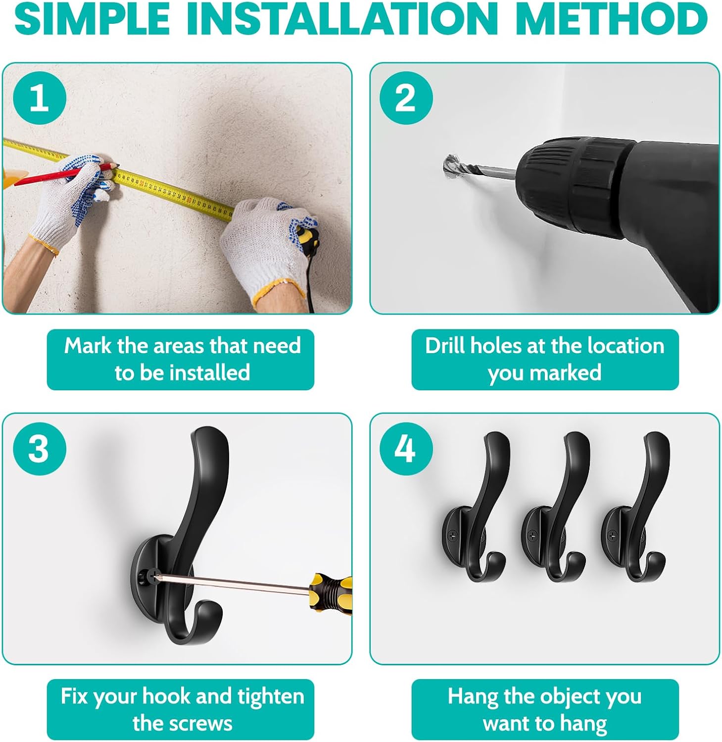 Coat Hooks Heavy Duty - Easy to Install Metal Towel Hooks Screw-in Wall Hooks for Hanging Hat, Towel, Key, Robe, Scarf, Bag, Cap (4 PCS Black)