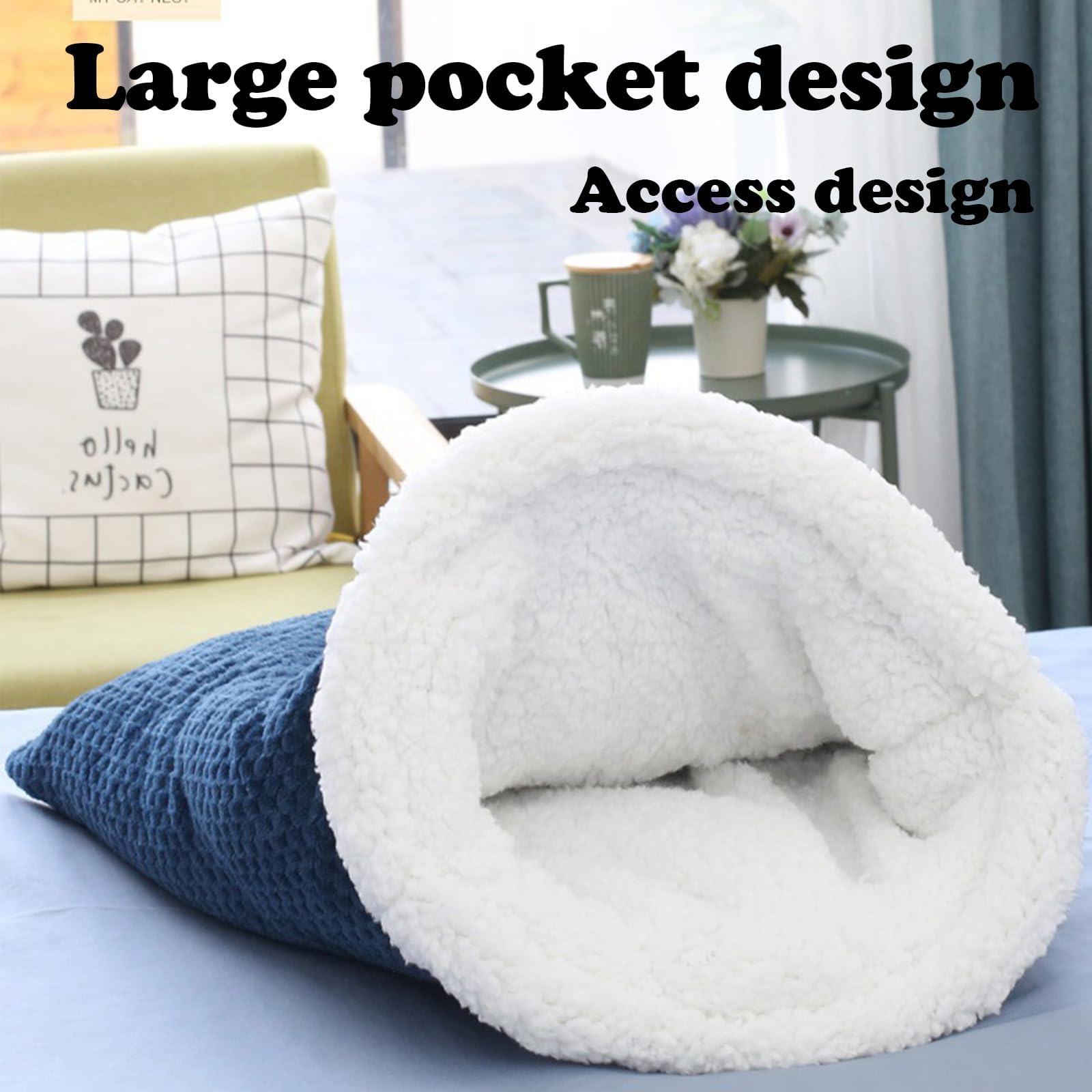 كيس نوم شتوي للقطط من ازوني - سرير قطط مخملي ناعم، كيس نوم كبير للحيوانات الاليفة 360 درجة للراحة، كيس دافئ للقطط حتى 6 كجم - سرير مريح للحيوانات الاليفة الصغيرة (ازرق داكن)