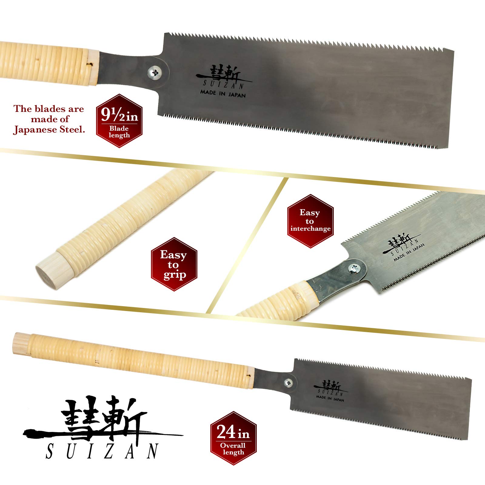 SUIZAN Japanese Pull Saw Hand Saw 9.5 Inch Ryoba Double Edge Flush Cut