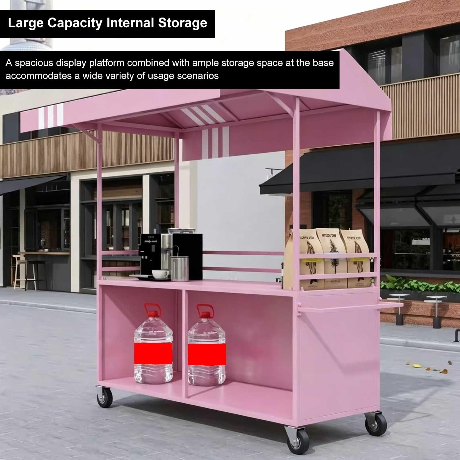 Przenośny, Mobilny Uliczny Sprzedawca Jedzenia z Poszerzonym Daszkiem, Stojak na Słodycze z Kółkami na Imprezy, Targi, Ulice(Pink,160cm/63in)