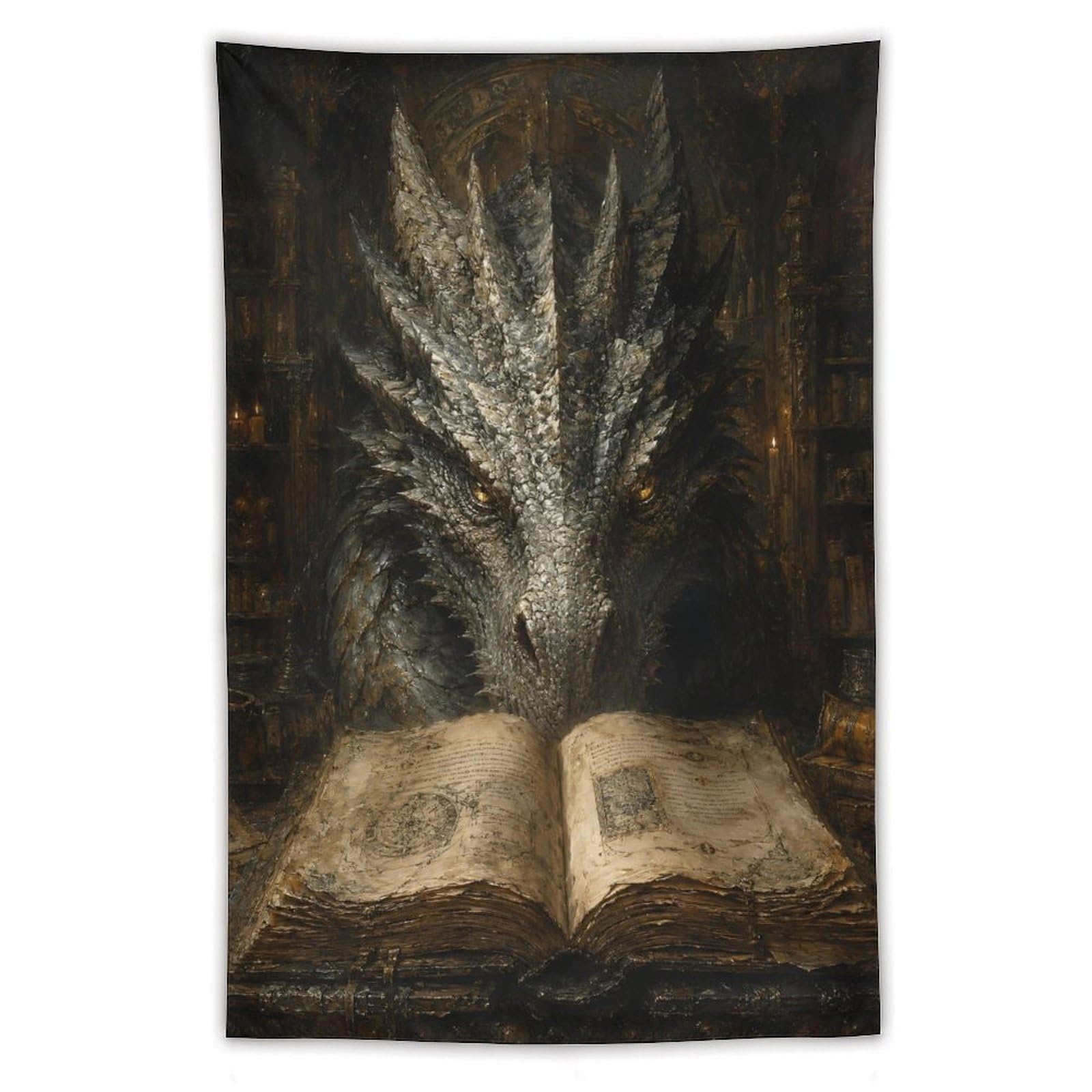 W7C8U2X3 Dark Dragon Magic Book Wall Tapestry, Fantasy Legend