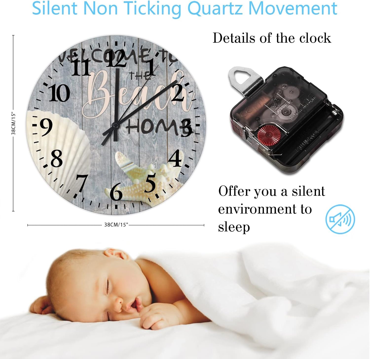 15 Inch Welcome to The Beach Home Wooden Wall Clock Battery Operated Silent Beach Themed Sea Life Sea Horse Modern Wood Wall Clock Arabic Numeral Round Clock for Home Office School