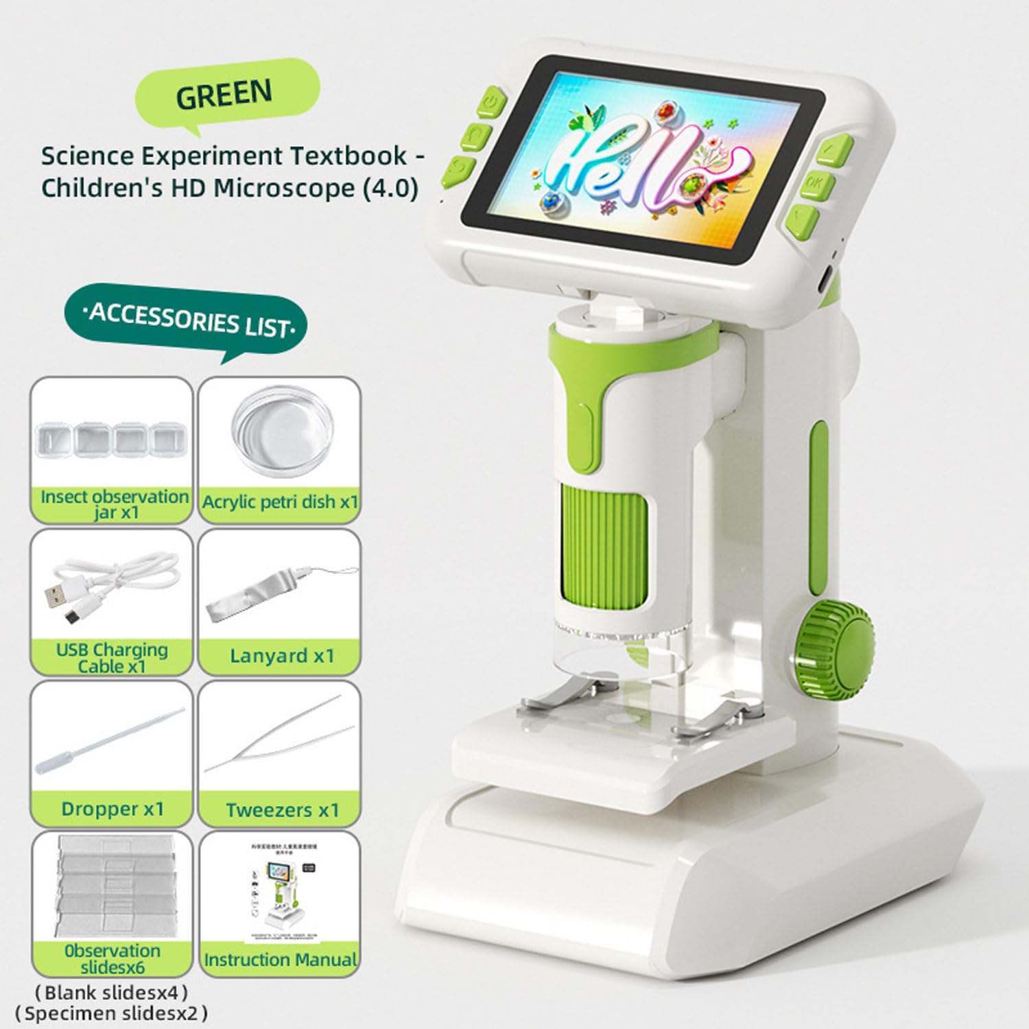 Microscopio Digital para Niños, Microscopio PortáTil 1600x con Pantalla LCD 4.0" para Fotos y Videos Microscopi Infantil Educativo Regalo para Niños 6-12 Años para Ciencia y Experimentos (Verde)