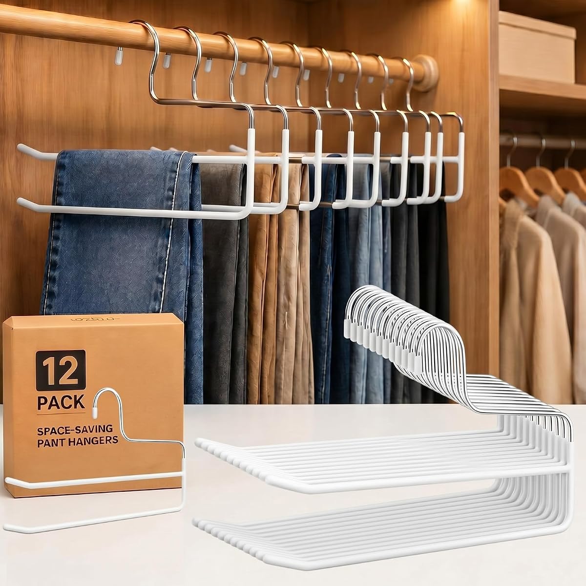 RattanView 12 Pcs Pants Hangers Double Rod Saving Space Jean Hangers Non-Slip Open-Ended Chrome Steel Clothing Rack for Apartment Closet Storage Organizer Leggings Trousers Scarves Slacks(White)