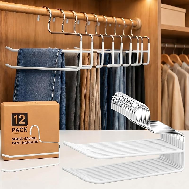 RattanView 12 Pcs Pants Hangers Double Rod Saving Space Jean Hangers Non-Slip Open-Ended Chrome Steel Clothing Rack for Apartment Closet Storage Organizer Leggings Trousers Scarves Slacks(White)